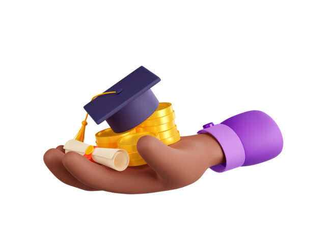 3d render hand with money, diploma and academic cap. Human palm with golden coins and mortarboard. Symbol of educational loan, graduation, investment in future, Illustration in cartoon plastic style